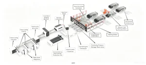 Full layout of automatic tunnel steel arch welding production line with robotic arms and conveyors