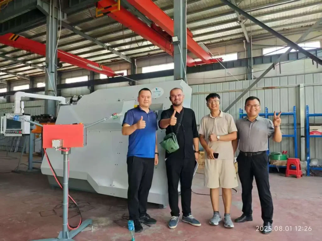 Satisfied-customers-thumbs-up-with-fully-automatic-CNC-rebar-processing-equipment-on-site